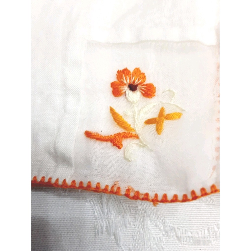Tea Towels Hand Embroidered Orange Flowers Applique 12" X 12" Set Of 6 White
